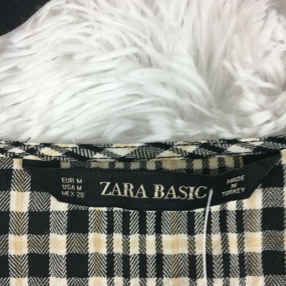 ZARA Basic Plaid Black and White Ruched Sleeves Shirt Size M New - Picture 4 of 7